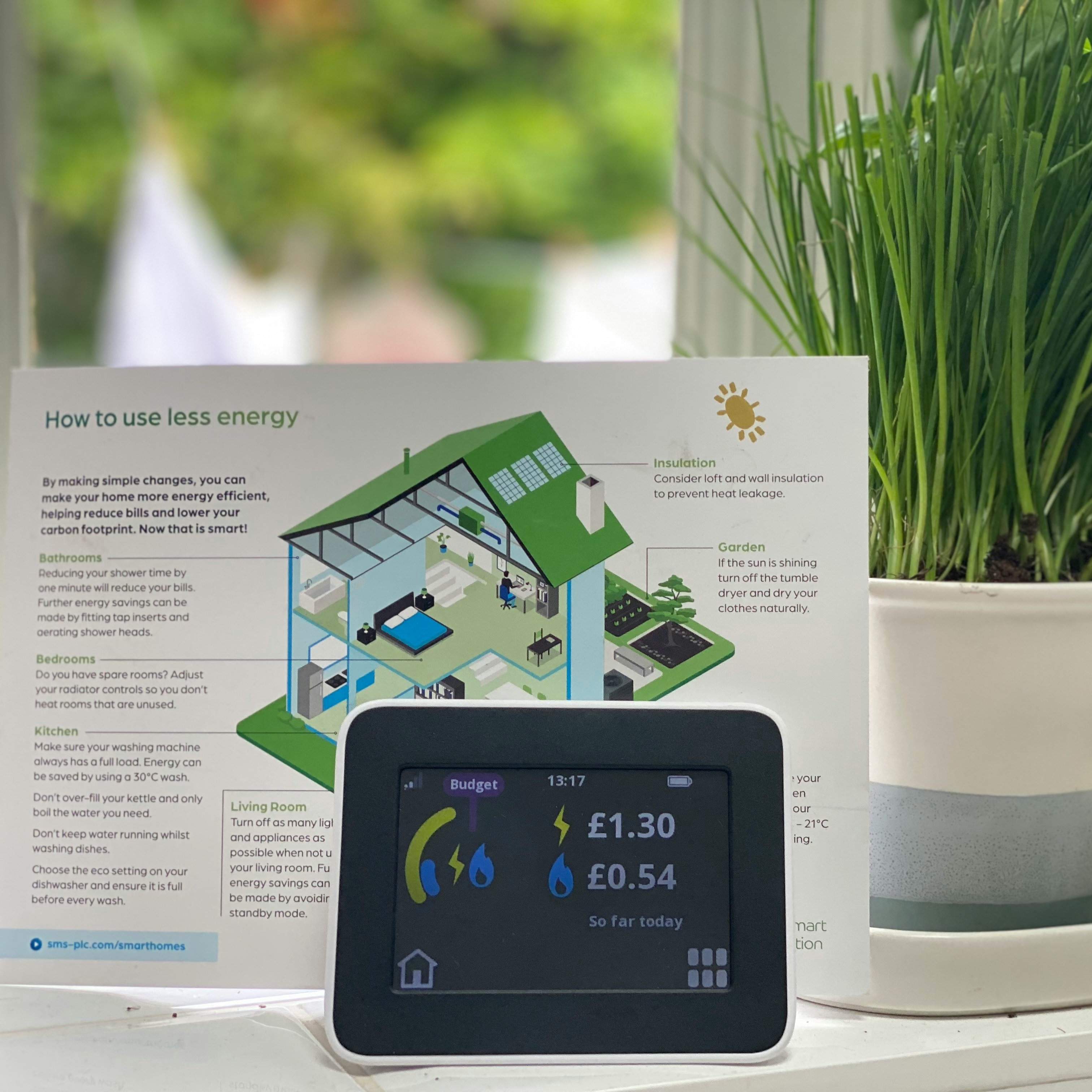 Photograph of an energy smart meter with an energy saving instruction manual behind it